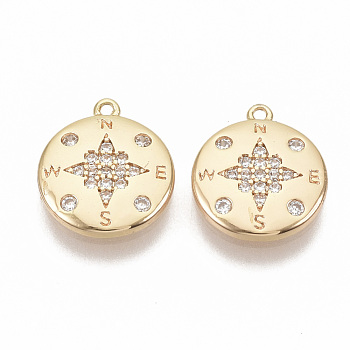 Brass Micro Pave Cubic Zirconia Charms, Nickel Free, Real 18K Gold Plated, Compass, Clear, 12.5x11x1.5mm, Hole: 0.9mm