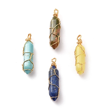 Natural Mixed Gemstone Wire Wrapped Pendants, with Golden Plated Brass Wire, Bullet, Golden, 38~41x10~11x10~11mm, Hole: 3mm