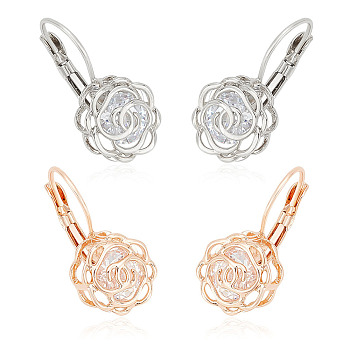 2 Pairs 2 Colors Clear Cubic Zirconia Rose Flower Leverback Earrings, Brass Jewelry for Women, Platinum & Rose Gold, 25mm, Pin: 0.9mm, 1 Pair/color