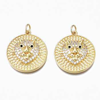 Brass Micro Pave Cubic Zirconia Pendants, Real 16K Gold Plated, with Jump Rings, Nickel Free, Flat Round with Leopard, Clear, 23x21x5.5mm, Hole: 3mm