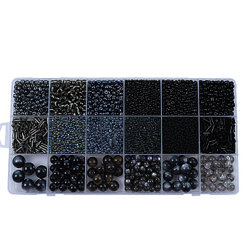 DIY 18 Style Resin & Acrylic Beads Jewelry Making Finding Kit, Round & Rice & Tube, Black, 6.5~7x2~12x1.5~11.5mm, Hole: 0.7~2mm