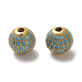925 Sterling Silver Micro Pave Cubic Zirconia Beads, Round, Real 18K Gold Plated, Sky Blue, 10x9mm, Hole: 2.2mm
