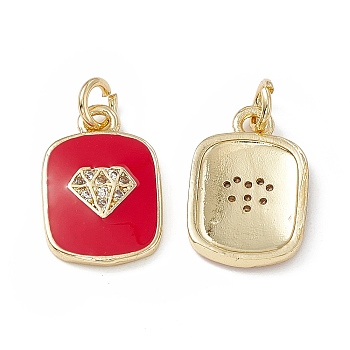 Brass Micro Pave Cubic Zirconia Charms, Enamel Style, Real 18K Gold Plated, Rectangle with Diamond Pattern Charm, with Jump Ring, Red, 16x11x2mm, Hole: 3.3mm