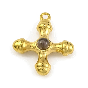 Natural Gray Aventurine & 304 Stainless Steel Cross Pendants, Golden, 23x20x6mm, Hole: 1.6mm