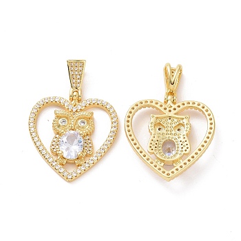Brass Micro Pave Clear Cubic Zirconia Pendants, Heart with Owl Charms, Golden, Clear, 32.5x30x6mm, Hole: 3.5x8mm