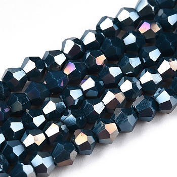 Opaque Solid Color Electroplate Glass Beads Strands, AB Color Plated, Faceted, Bicone, Prussian Blue, 2.9~3.3x2.5mm, Hole: 0.7mm, about 145~150pcs/strand, 16.34~16.54 inch(41.5~42cm)