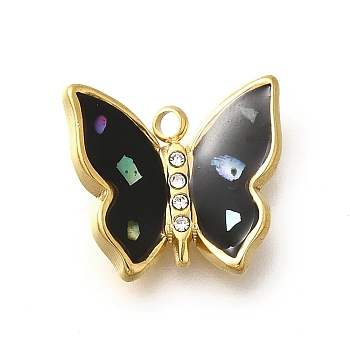 304 Stainless Steel Enamel Charms, with Rhinestone, Butterfly Charm, Real 18K Gold Plated, Black, 13x14x3mm, Hole: 1.5mm