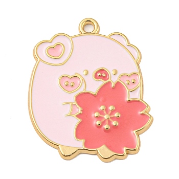 Alloy Enamel Pendants, Long-Lasting Plated, Golden, Pig with Flower, Pink, 28x23x1mm, Hole: 1.8mm