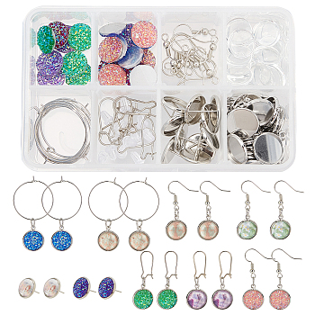 SUNNYCLUE DIY Shiny Earring Making Kits, Including Glass & Resin Cabochons, Brass Pendant Cabochon Settings & Earring Findings & Wine Glass Charm Rings, Platinum