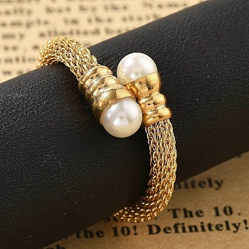 304 Stainless Steel Open Cuff Rings for Women, with Plastic Imitation Pearls, Ion Plating(IP), Golden, US Size 7 1/4(17.5mm)