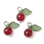 Natural Dyed White Jade Fruit Charms, with Acrylic Leaf and Platinum Plated Brass Loops, Dark Red, 13x12x6mm, Hole: 2mm(PALLOY-JF02431-04)