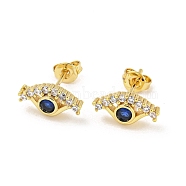 Eye Real 18K Gold Plated Brass Stud Earrings, with Cubic Zirconia, Blue, 6.5x12.5mm(EJEW-L269-088G)