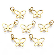 316 Surgical Stainless Steel Charms, with Jump Rings, Butterfly, Real 14K Gold Plated, 9x12.5x1mm, Hole: 2.5mm, Jump Ring: 4x0.5mm, 2.5mm inner diameter(STAS-N097-051)
