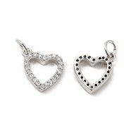 Brass Micro Pave Clear Cubic Zirconia Charms, with Jump Ring, Heart Charm, Platinum, 11x11x2.5mm, Hole: 3.5mm(KK-E068-VB173)