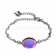 304 Stainless Steel Bracelet Making, with Lobster Claw Clasps, Link Chains and Flat Round Cabochon Settings, Rainbow Color, Tray: 16mm, 5-3/4 inch(14.5cm)(STAS-L248-005M)