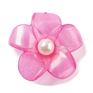 Opaque Resin Pendants, with ABS Imitation Pearl, Flower, Hot Pink, 42x44x11.5mm, Hole: 2.3mm(FIND-M035-03D)