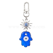 Evil Eye Lampwork Pendant Decorations, Alloy Sun & Swivel Clasps Charms for Bag Ornaments, Hamsa Hand, 95mm, pendant: 60x28x6mm(HJEW-JM01997-03)