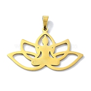 304 Stainless Steel Pendants, Laser Cut, Lotus with Yoga Charms, Golden, 23x37x1mm, Hole: 6x3mm(STAS-C097-13G)