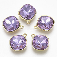 Golden Plated Alloy Pendants, with Glass Rhinestone, Rhombus, Lilac, 18x15x5mm, Hole: 1.4mm(PALLOY-N154-03C)