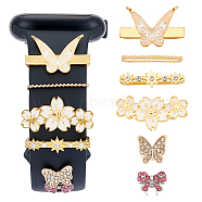 6Pcs 6 Style Zinc Alloy with Rhinestone Watch Loops Accesssories, Butterfly Watch Band Studs and Flower Watch Band Charms, Mixed Color, 6~15x11.5~27.5x3~6.5mm, 1Pc/style(FIND-UN0003-38)