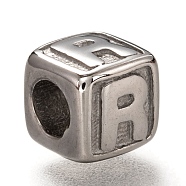 304 Stainless Steel European Beads, Large Hole Beads, Horizontal Hole, Cube with Letter, Stainless Steel Color, Letter.R, 8x8x8mm, Hole: 4.5mm(OPDL-L020-001R)