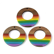 Pride Rainbow Theme Resin & Walnut Wood Pendants, Flat Round, Colorful, 38x3.5mm, Hole: 2mm(WOOD-K012-04)