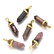 Natural Rhodonite Double Terminated Pointed Pendants, with Random Alloy Pendant Hexagon Bead Cap Bails, Golden, Bullet, 37~40x12.5x10mm, Hole: 3x4.5mm(G-G902-B18)