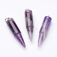 Natural Amethyst Pointed Pendants, with 201 Stainless Steel Split Rings, Bullet, Stainless Steel Color, 42~46x10mm, Hole: 5mm(G-D850-06)