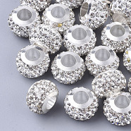 Polymer Clay Rhinestone European Beads, with Brass Single Cores, Large Hole Beads, Rondelle, Platinum, Crystal, PP11(1.7~1.8mm), 11x8mm, Hole: 5mm(RB-S055-16A)