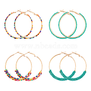 ANATTASOUL 4 Pairs 4 Style Glass Beaded Big Hoop Earrings, Light Gold Alloy Jewelry for Women, Mixed Color, 54~57x51~53x3~6.5mm, Pin: 0.9mm, 1 Pair/style(EJEW-AN0002-22)