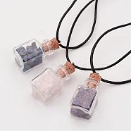 Glass Wishing Bottle Leather Cord Pendant Necklaces, with Natural Gemstone Chip Beads, Cuboid, 18.11 inch(NJEW-JN01615)