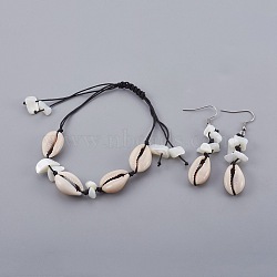 Cowrie Shell and Shell Jewelry Sets, Bracelets and Dangle Earrings, with Stainless Steel Finding and Nylon Thread Cord, Bracelets: 1-5/8 inch~4-3/8 inch(4~11cm), Earring: 63mm, Pin: 0.7mm(SJEW-JS01000)