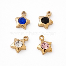 304 Stainless Steel Pendants, with Rhinestone, Star, Golden, Mixed Color, 9.5x7.5x3mm, Hole: 1.4mm(STAS-P310-22G)
