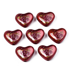 Spray Painted Opaque Acrylic Beads, Heart with Flower, Dark Red, 16x19x8mm, Hole: 2mm(SACR-S305-28-C03)