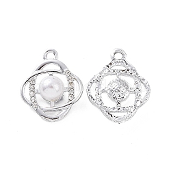 Alloy Rhinestone Pendants, with ABS Plastic Imitation Pearl Beads, Flower Charm, Platinum, 21.5x17.5x8mm, Hole: 2.5mm(ALRI-C008-70P)