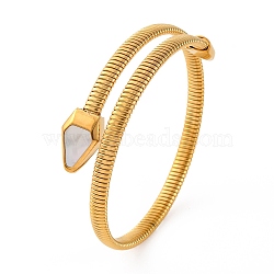 Ion Plating(IP) 304 Stainless Steel Cuff Bangles for Women, with Natural Shell, Horse Eye, Real 14K Gold Plated, 5/8 inch(1.5cm), Inner Diameter: 2-1/8 inch(5.5cm)(BJEW-D048-09G)