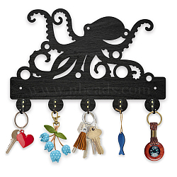 Wood & Iron Wall Mounted Hook Hangers, Decorative Organizer Rack, with 2Pcs Screws, 5 Hooks for Bag Clothes Key Scarf Hanging Holder, Octopus, 200x300x7mm.(HJEW-WH0055-073)