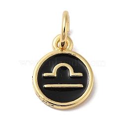 Real 18K Gold Plated Brass Enamel Charms, with Jump Ring, Long-Lasting Plated, Lead Free & Cadmium Free, Flat Round with Libra Charms, Black, 10x8x1mm, Hole: 4mm(KK-L216-001G-K01)