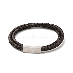 Microfiber Leather Braided Double Loops Wrap Bracelet with 304 Stainless Steel Magnetic Clasp for Men Women, Coconut Brown, 16-3/4 inch(42.5cm)(BJEW-C021-25P)