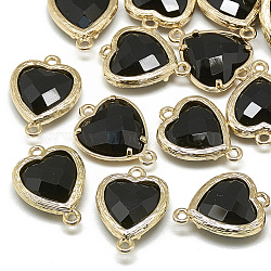 Glass Links connectors, with Golden Tone Brass Findings, Faceted, Heart, Black, 15x10x3mm, Hole: 1mm(GLAA-Q068-09A-01)