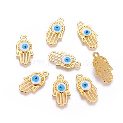 Alloy Enamel Pendants, Hamsa Hand/Hand of Fatima/Hand of Miriam with Evil Eye, Colorful, Golden, 20.5x11x3mm, Hole: 1.5mm(ENAM-L020-01G)