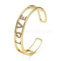 Word LOVE Hollow Carved Cubic Zirconia Cuff Bangle, Real 18K Gold Plated Brass Wire Wrap Open Bangle, Brass Jewelry for Women, Cadmium Free & Lead Free, Clear, Inner Diameter: 2-1/8 inch(5.3cm)(BJEW-D448-14G-RS)