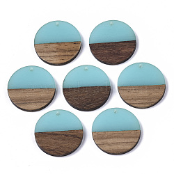 Transparent Resin & Walnut Wood Pendants, Flat Round, Turquoise, 28.5x3.5~4mm, Hole: 1.5mm(RESI-S358-02B-H11)