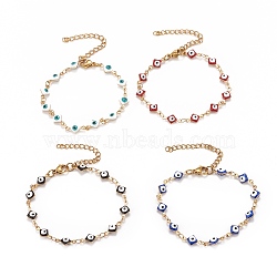 Enamel Rhombus with Evil Eye Link Chains Bracelet, Vacuum Plating 304 Stainless Steel Jewelry for Women, Golden, Mixed Color, 6-5/8 inch(16.8cm)(BJEW-P271-03G)