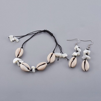 Cowrie Shell and Shell Jewelry Sets, Bracelets and Dangle Earrings, with Stainless Steel Finding and Nylon Thread Cord, Bracelets: 1-5/8 inch~4-3/8 inch(4~11cm), Earring: 63mm, Pin: 0.7mm
