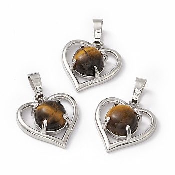 Natural Tiger Eye Pendants, Heart Charms, with Platinum Tone Brass Findings, Cadmium Free & Nickel Free & Lead Free, 21.5x19.5x7.5~8mm, Hole: 7.5x5mm