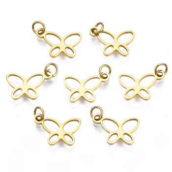 316 Surgical Stainless Steel Charms, with Jump Rings, Butterfly, Real 14K Gold Plated, 9x12.5x1mm, Hole: 2.5mm, Jump Ring: 4x0.5mm, 2.5mm inner diameter