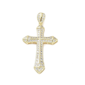 Real 18K Gold Plated Brass Micro Pave Cubic Zirconia Pendants, Cross, Clear, 41x26x4.5mm, Hole: 2x6mm