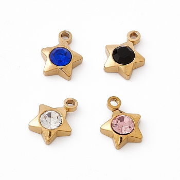 304 Stainless Steel Pendants, with Rhinestone, Star, Golden, Mixed Color, 9.5x7.5x3mm, Hole: 1.4mm