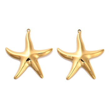 304 Stainless Steel Pendants, Starfish Charm, Ion Plating(IP), Real 14K Gold Plated, 39x34.5x3.5mm, Hole: 1.6mm